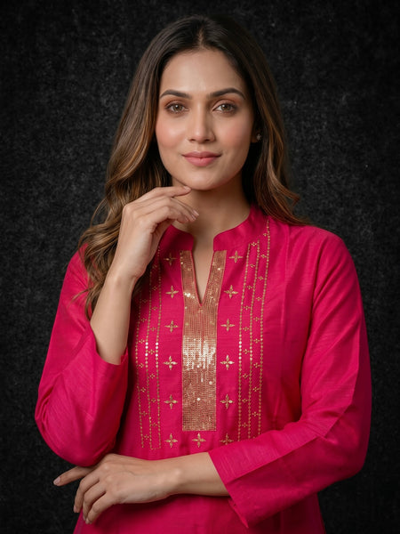 Magenta Kurta with Gold Sequin Yoke and Rose Embroidery