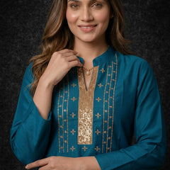 Teal Kurta with Gold Sequin Yoke and Rose Embroidery