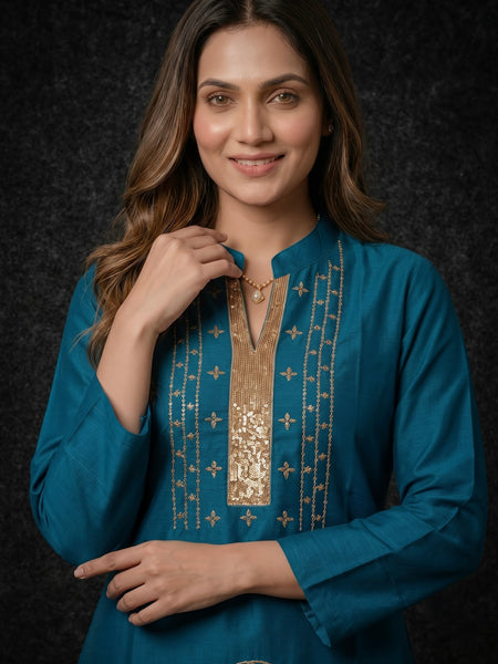 Teal Kurta with Gold Sequin Yoke and Rose Embroidery