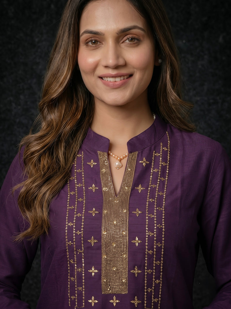 Deep Purple Kurta with Gold Sequin Yoke and Rose Embroidery