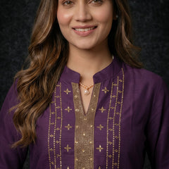 Deep Purple Kurta with Gold Sequin Yoke and Rose Embroidery
