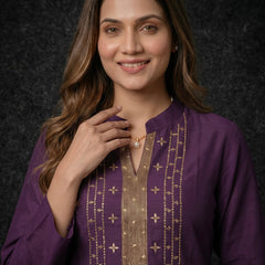 Deep Purple Kurta with Gold Sequin Yoke and Rose Embroidery