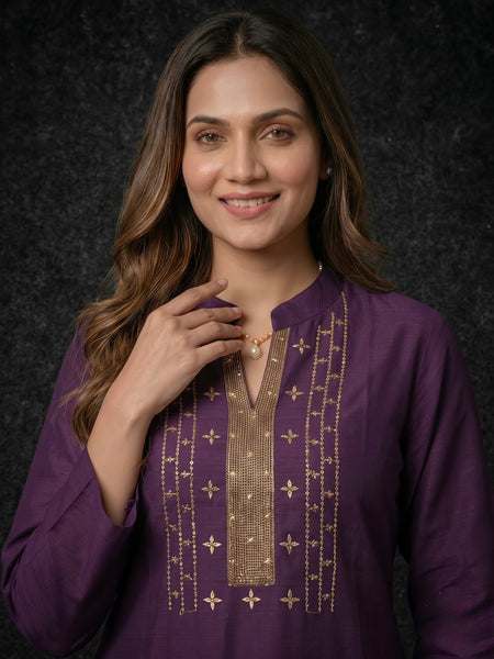Deep Purple Kurta with Gold Sequin Yoke and Rose Embroidery