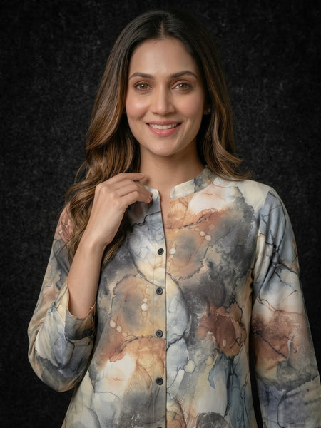 Marble Print Button-Down Tunic