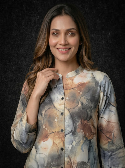 Marble Print Button-Down Tunic