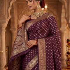Wine Purple Banarasi Silk Saree with Golden Zari Diamond Butti Work, Floral Woven Border & Rich Pallu for Women