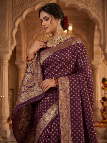 Wine Purple Banarasi Silk Saree with Golden Zari Diamond Butti Work, Floral Woven Border & Rich Pallu for Women