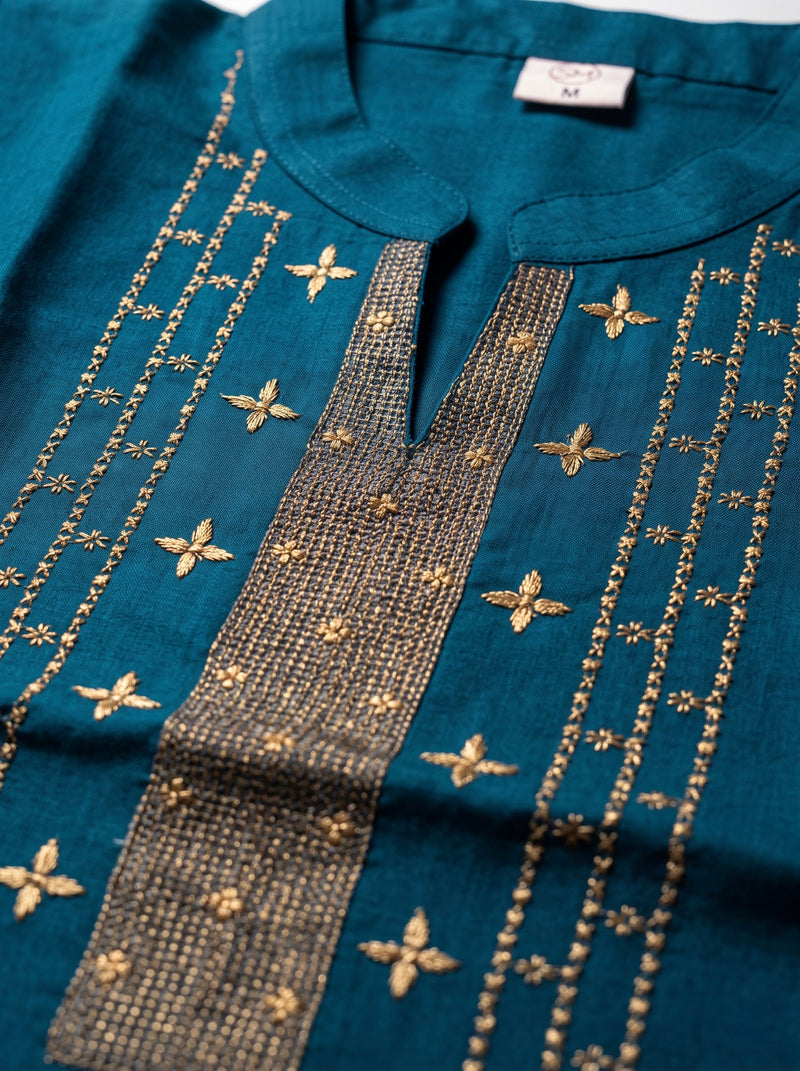 Teal Kurta with Gold Sequin Yoke and Rose Embroidery