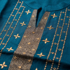 Teal Kurta with Gold Sequin Yoke and Rose Embroidery