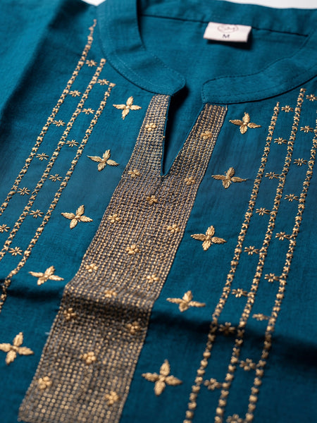 Teal Kurta with Gold Sequin Yoke and Rose Embroidery
