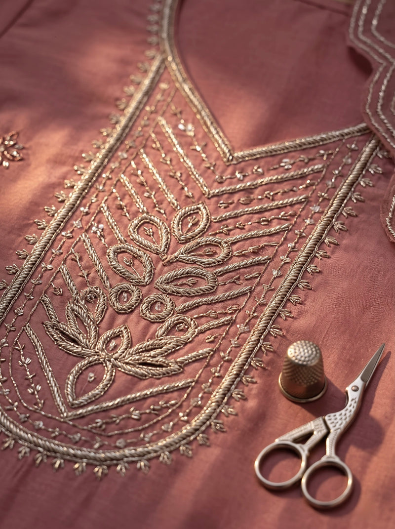 Mauve Silk Suit with Silver Zari Embroidery