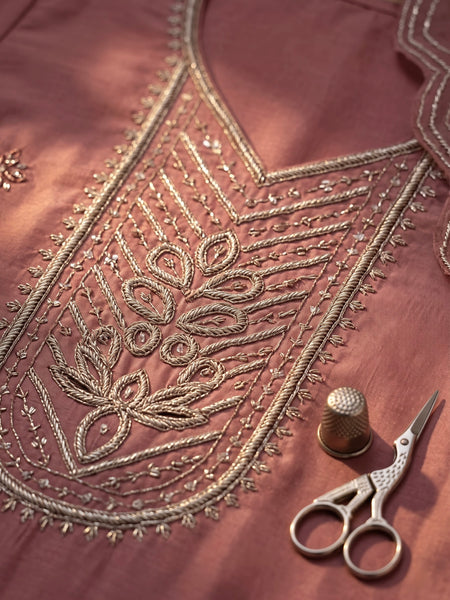 Mauve Silk Suit with Silver Zari Embroidery