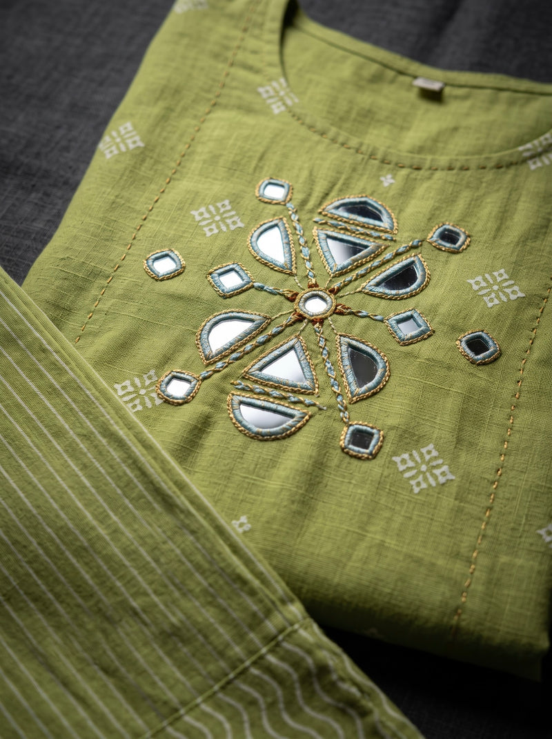 Lime Green Mirror-Work Kurta with Striped Palazzo