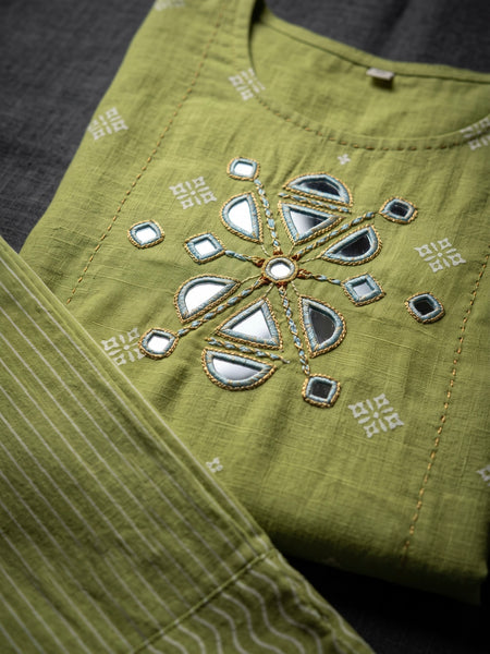 Lime Green Mirror-Work Kurta with Striped Palazzo