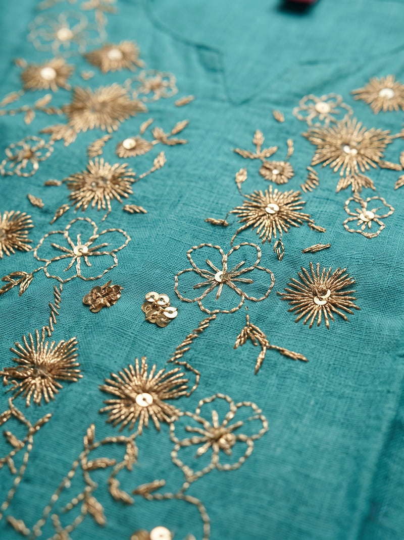 Teal Tunic with Gold and White Floral Embroidery