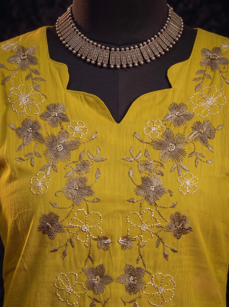 Mustard Tunic with Grey Floral Embroidery