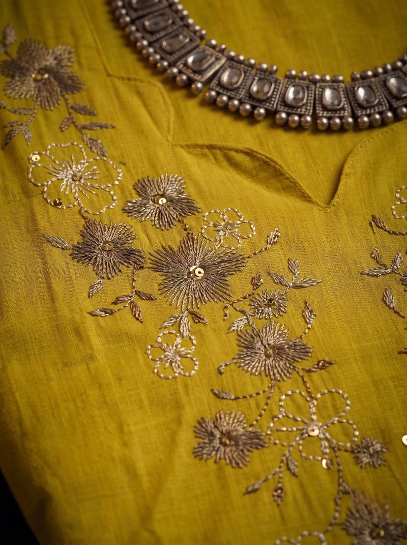 Mustard Tunic with Grey Floral Embroidery