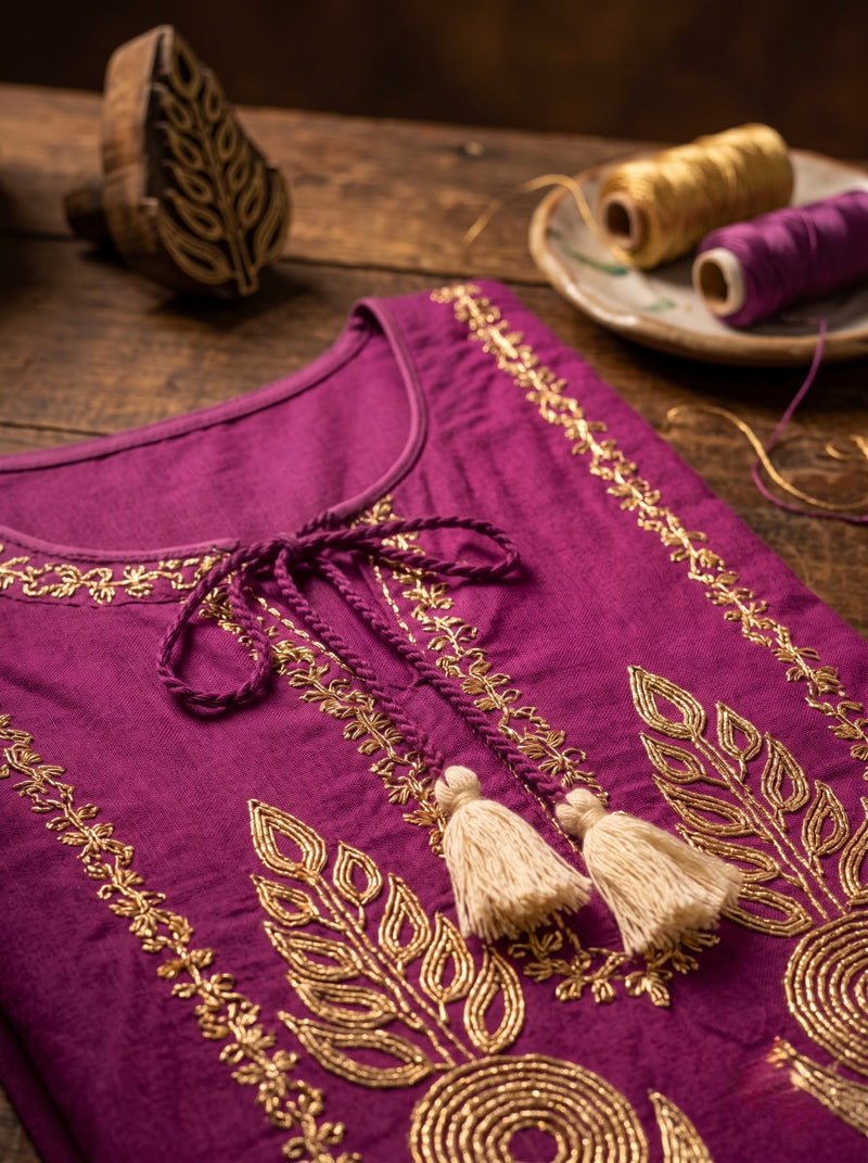 Magenta Kurta with Gold Embroidery and Tassel Tie