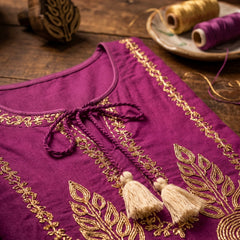 Magenta Kurta with Gold Embroidery and Tassel Tie