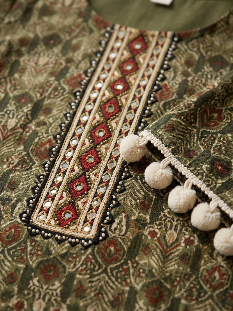 Olive Green Printed Tunic with Pom-Pom Trim