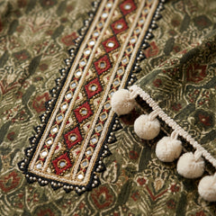 Olive Green Printed Tunic with Pom-Pom Trim