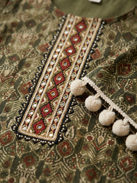 Olive Green Printed Tunic with Pom-Pom Trim