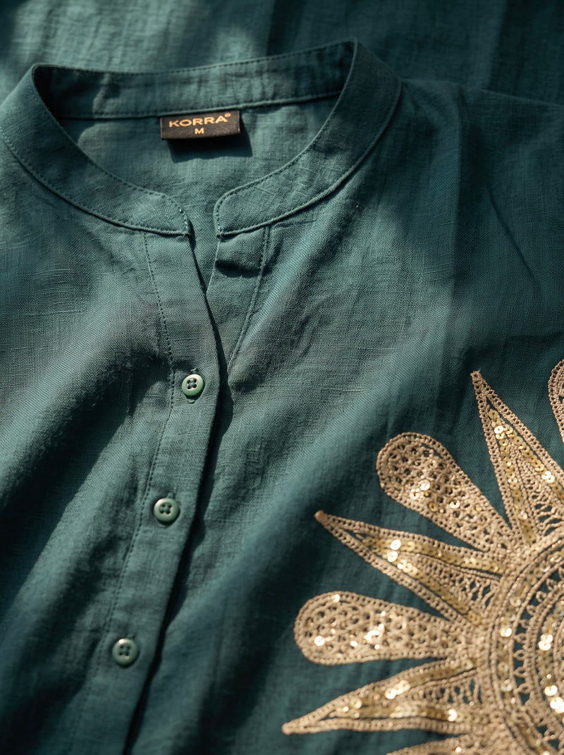 Forest Green Linen Co-ord Set with Gold Sunburst Embroidery