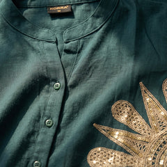 Forest Green Linen Co-ord Set with Gold Sunburst Embroidery