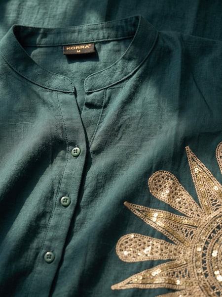 Forest Green Linen Co-ord Set with Gold Sunburst Embroidery