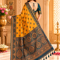 Mustard Yellow And Teal Art Silk Premium And Fancy Design Saree With Blouse For Women