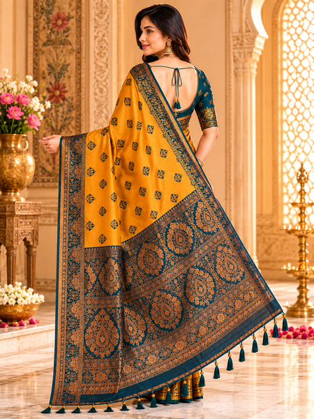 Mustard Yellow And Teal Art Silk Premium And Fancy Design Saree With Blouse For Women