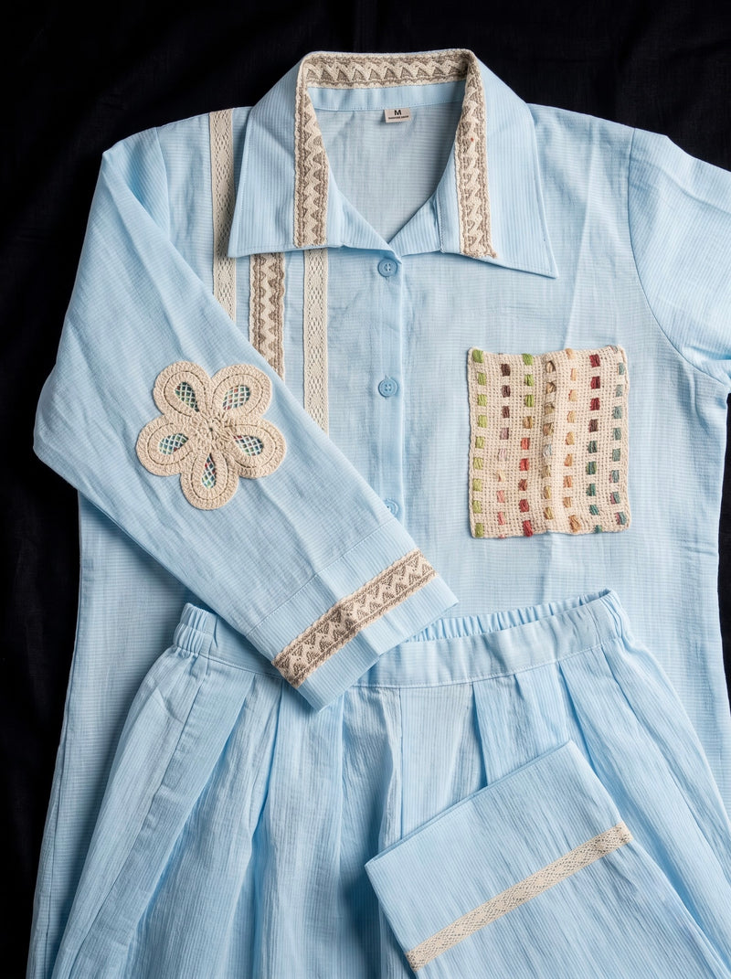 Blush blue Shirt Co-ord Set with Lace Trim