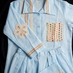 Blush blue Shirt Co-ord Set with Lace Trim