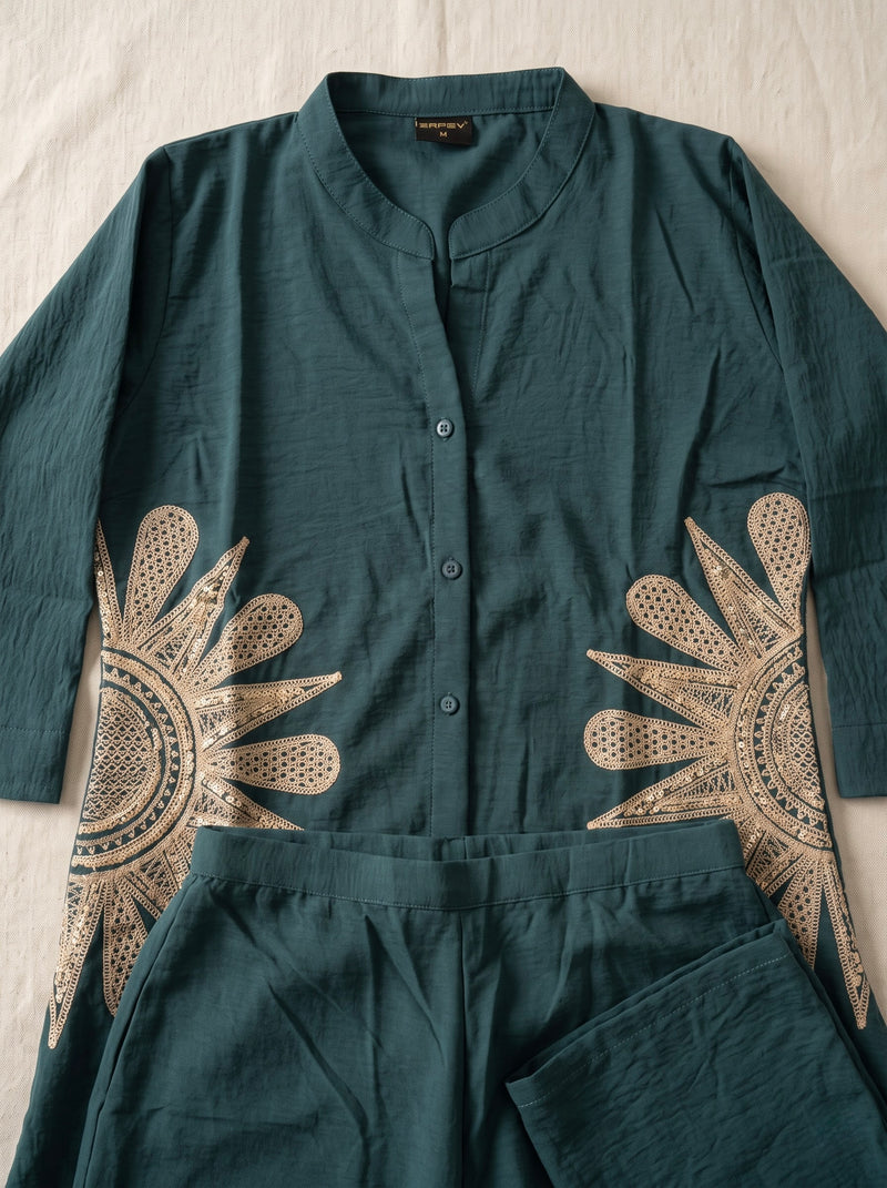 Forest Green Linen Co-ord Set with Gold Sunburst Embroidery