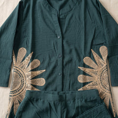Forest Green Linen Co-ord Set with Gold Sunburst Embroidery