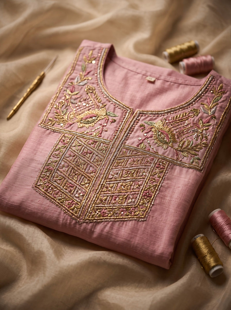 Pink Silk Kurta Set with Gold Embroidery