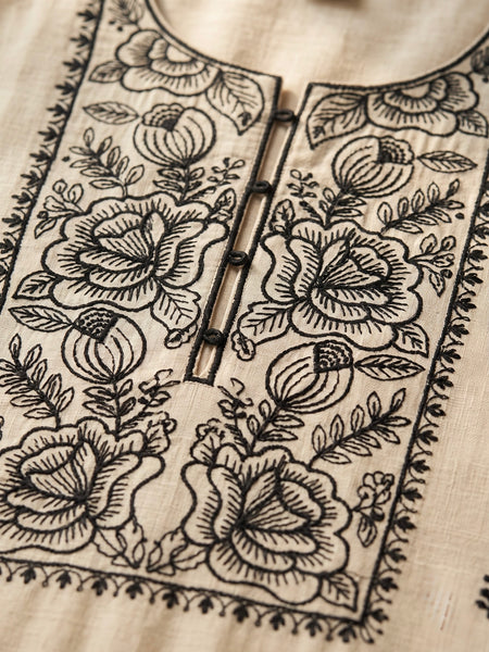 Cream Kurta Set with Black Rose Embroidery