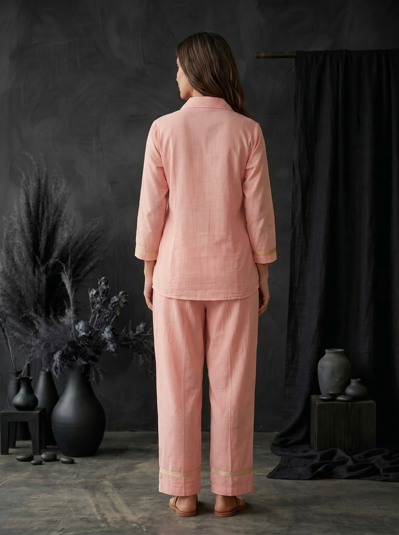 Blush Pink Shirt Co-ord Set with Lace Trim