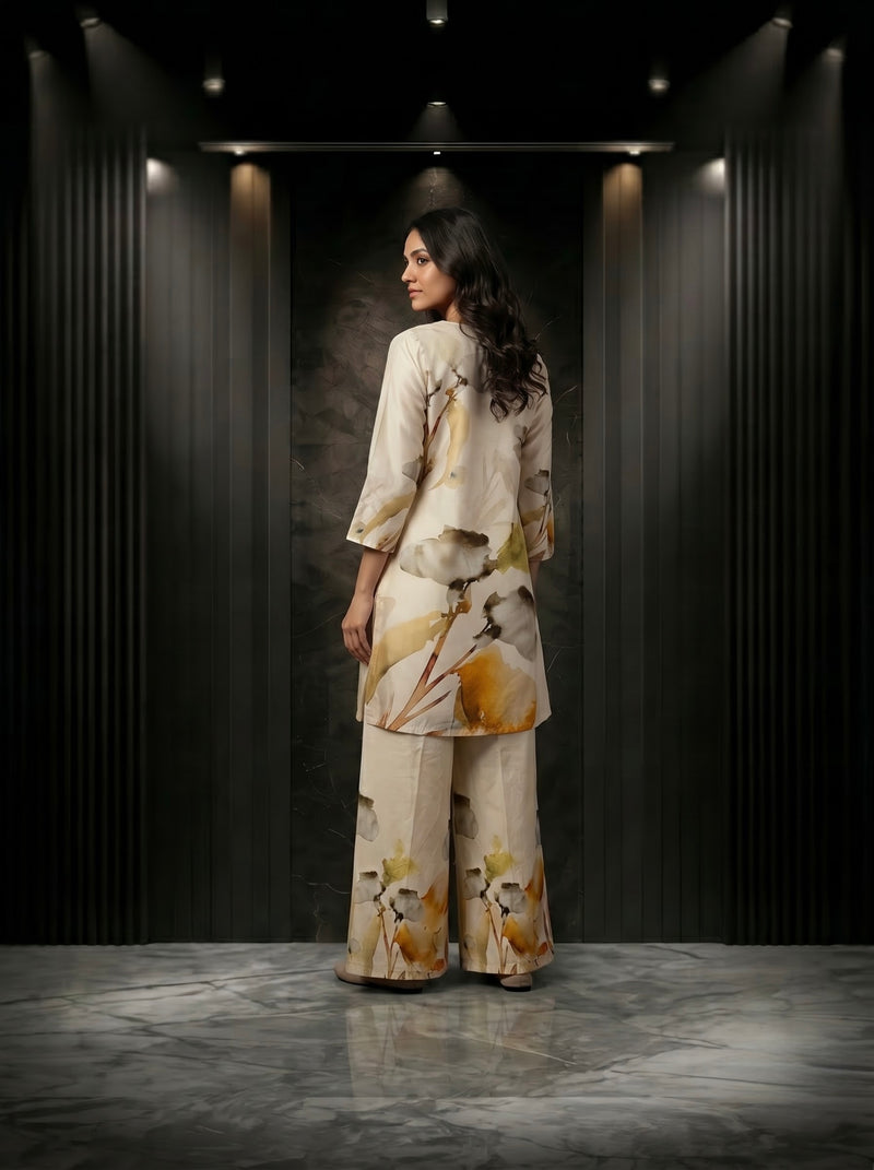 Cream Watercolor Floral Print Co-ord Set