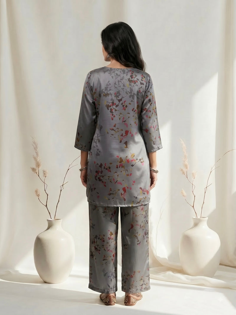 Grey Watercolor Floral Print Co-ord Set