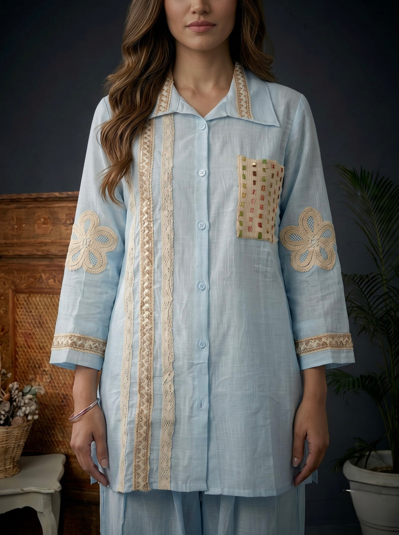 Blush blue Shirt Co-ord Set with Lace Trim