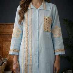 Blush blue Shirt Co-ord Set with Lace Trim