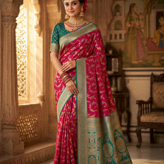 Vibrant Magenta Pink Art Silk Banarasi Saree with Sea Green Contrast Border & Blouse Piece