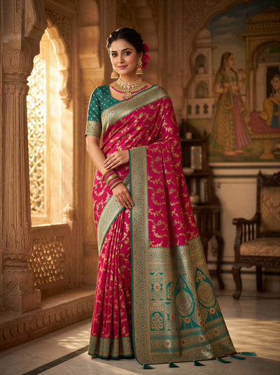 Rani Pink Art Silk Banarasi Saree with Sea Green Contrast Border & Blouse Piece