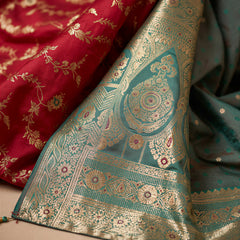 Vibrant Magenta Pink Art Silk Banarasi Saree with Sea Green Contrast Border & Blouse Piece