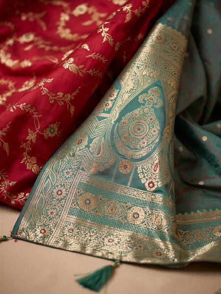 Vibrant Magenta Pink Art Silk Banarasi Saree with Sea Green Contrast Border & Blouse Piece