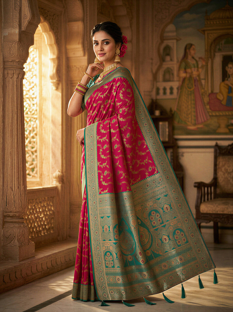 Vibrant Magenta Pink Art Silk Banarasi Saree with Sea Green Contrast Border & Blouse Piece