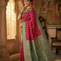 Vibrant Magenta Pink Art Silk Banarasi Saree with Sea Green Contrast Border & Blouse Piece