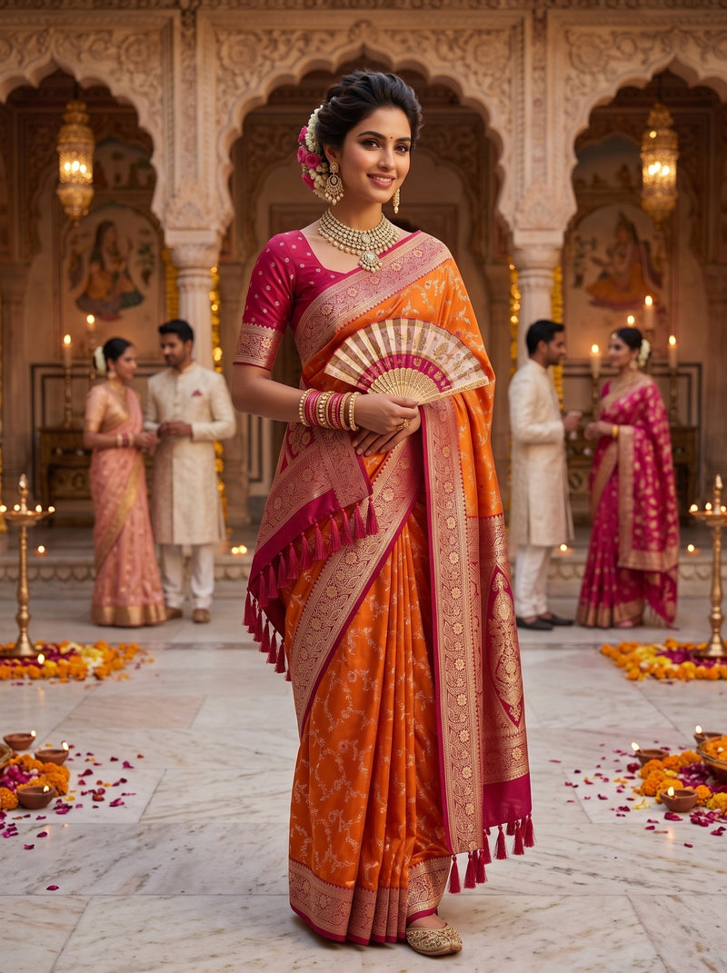 Radiant Orange Banarasi Silk Saree with Rich Magenta Contrast Border and Blouse