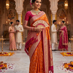Radiant Orange Banarasi Silk Saree with Rich Magenta Contrast Border and Blouse